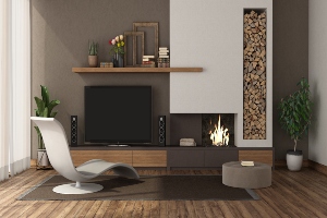 Modern living room with fireplace ,chaise lounge and tv set 3d rendering